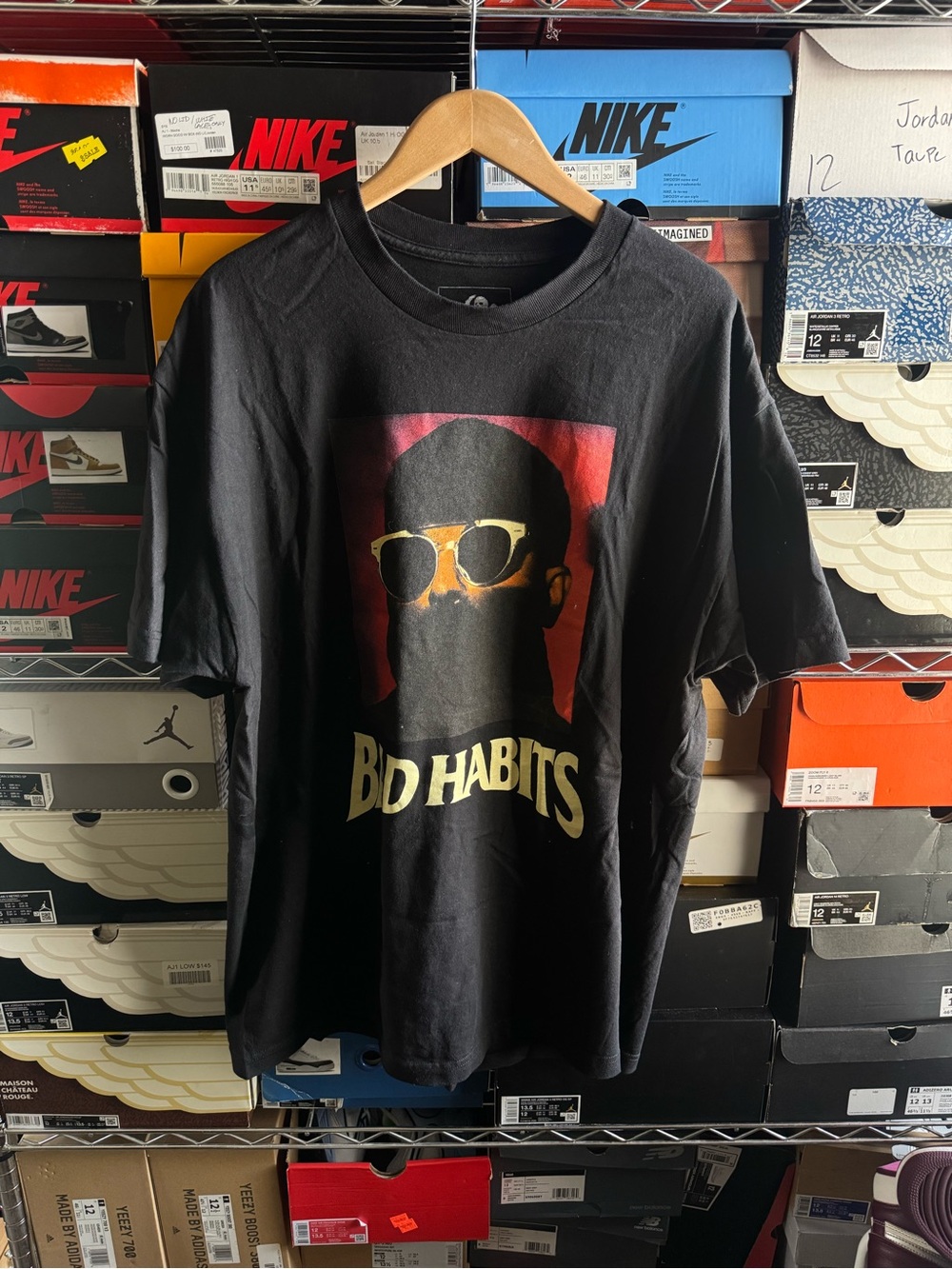 Black 'Bad Habits' Graphic Tee with Yellow Accent